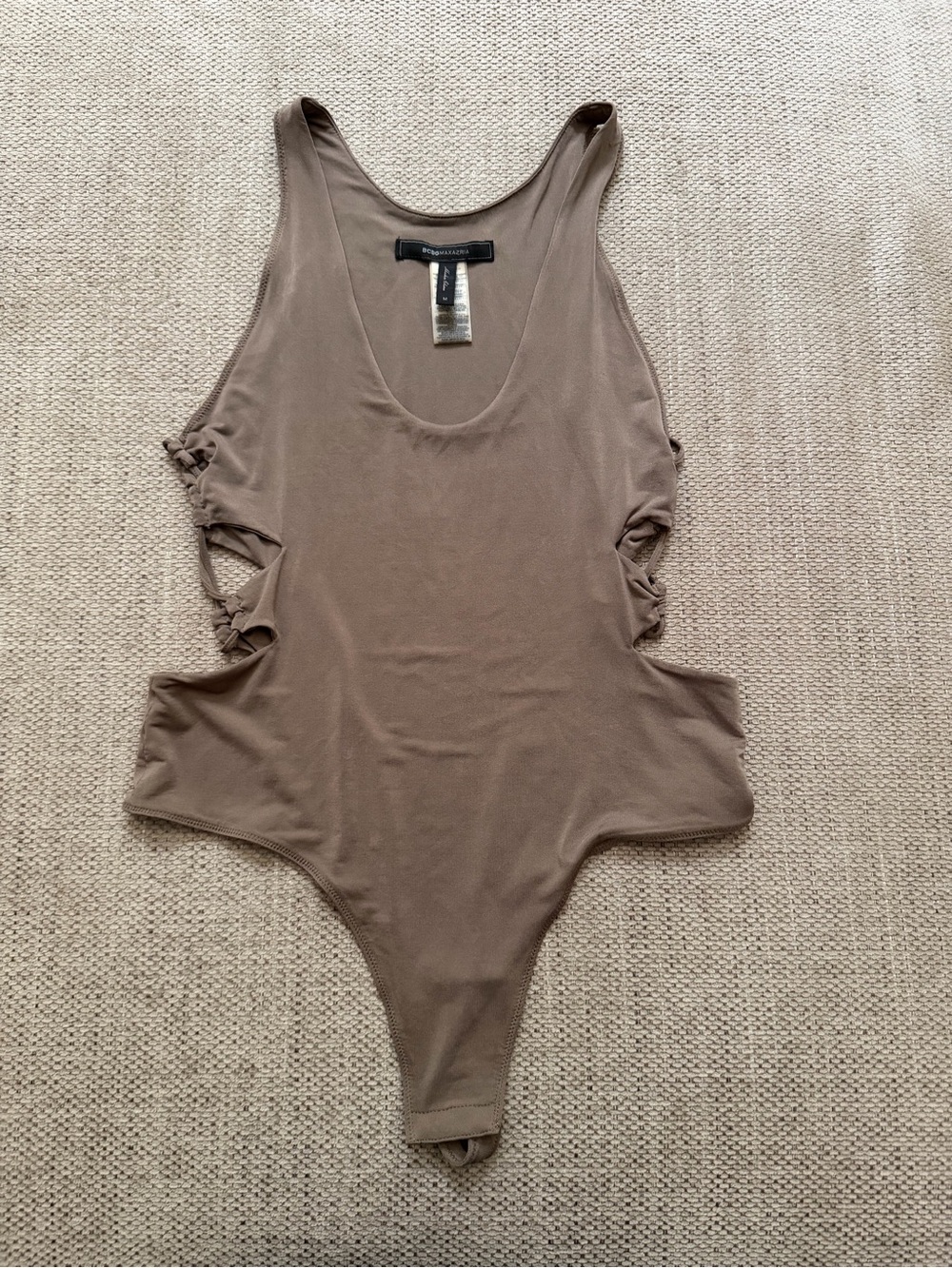 BCBGMaxAzria Taupe Cutout Sleeveless Bodysuit